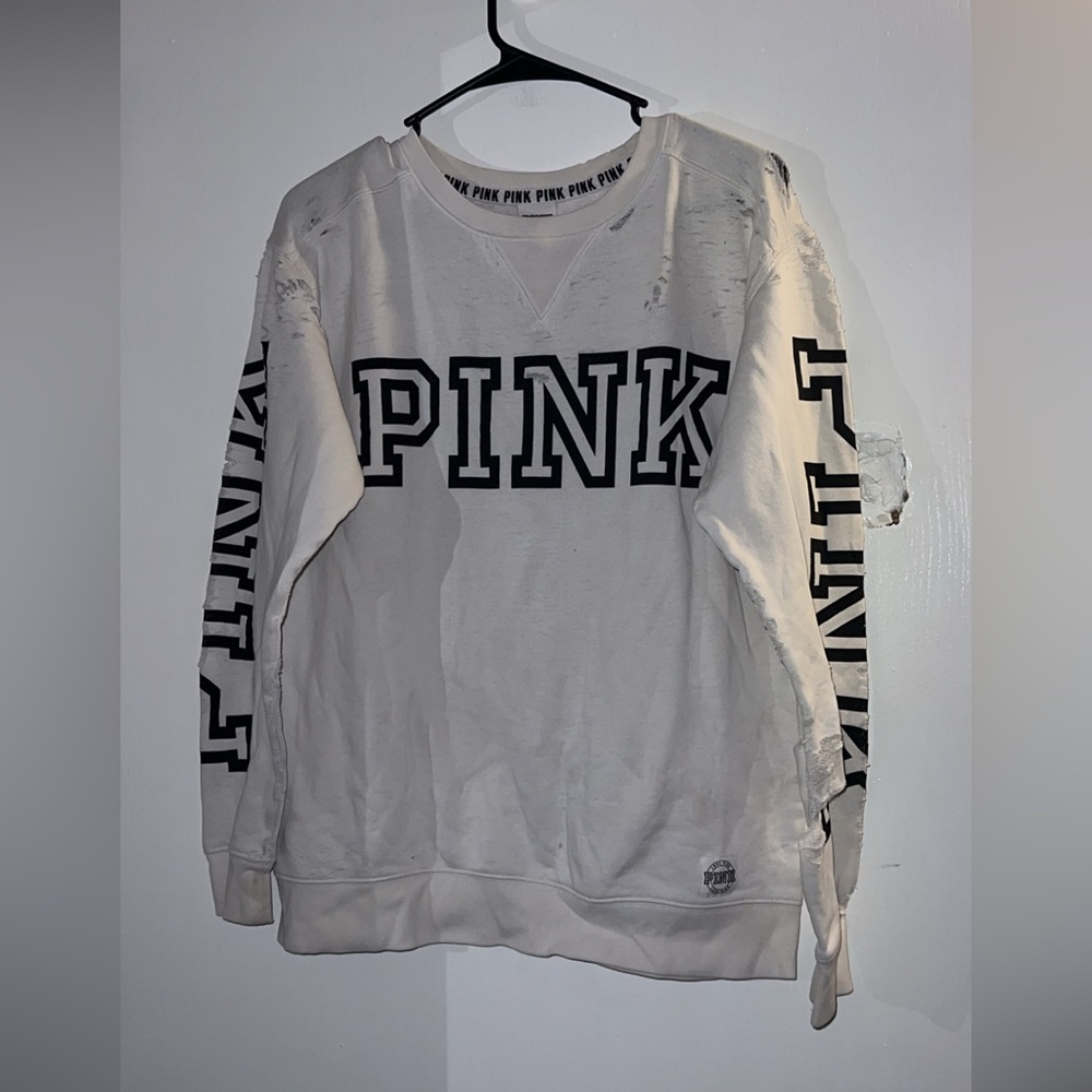 PINK distressed white Crewneck